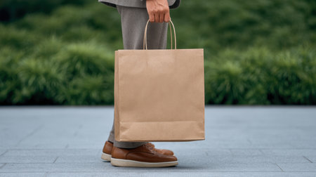 A person stands on a sidewalk holding a brown paper bag with a natural greenery backdrop, showcasing a blend of urban lifestyle and simplicity.の素材
