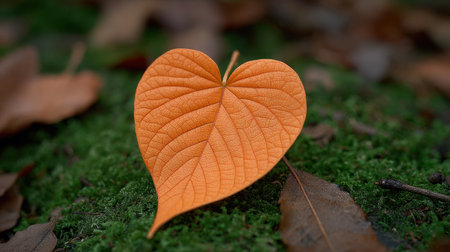 A stunning close-up of a heart-shaped orange leaf resting on vibrant green moss, showcasing the beauty of autumn in nature. The intricate textures and colors create a serene and peaceful scene, perfect for celebrating the seasonal change in a natural environment.の素材