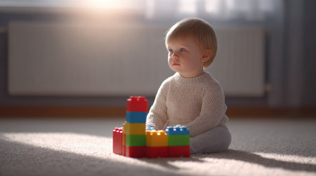 A charming toddler engages deeply with colorful building blocks, showcasing imagination and concentration in a soft-lit indoor space, highlighting childhood joy.の素材