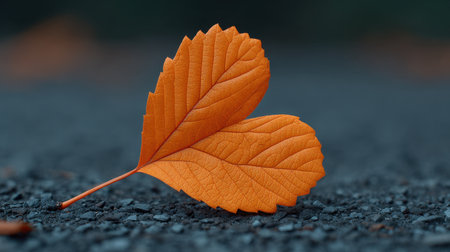 This captivating close-up photograph features a vibrant orange leaf resting on a dark, textured surface, highlighting the intricate details and patterns of nature.の素材