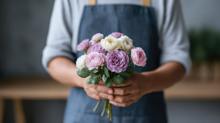 A talented florist presents a stunning bouquet of soft pink and white flowers, showcasing the delicate beauty of nature in a serene indoor setting.の素材