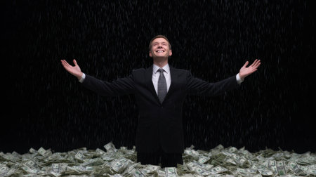 A confident businessman stands amidst a sea of cash, arms raised in triumph, expressing joy and success in a dynamic and inspiring setting.の素材