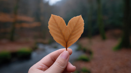 A close-up view of a heart-shaped brown leaf held gently in a hand, set against a serene forest stream background, capturing autumn's beauty and symbolism.の素材