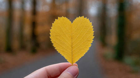 A hand showcases a heart-shaped yellow leaf against a blurred autumn forest backdrop. This imagery captures the essence of seasonal change and natural beauty.の素材