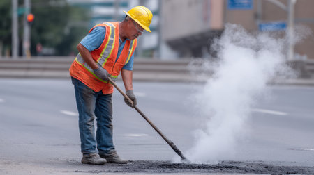 A focused construction worker is shown paving asphalt on a busy urban road, with steam rising from the freshly laid surface, highlighting manual labor.の素材