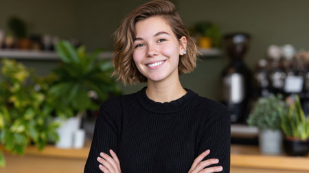 A young woman exudes confidence and warmth as she smiles in a cozy cafの素材