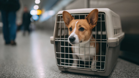 A cute dog waits in its pet carrier at the airport terminal, ready for travel. The scene captures the anticipation and excitement of air travel with a beloved companion.の素材
