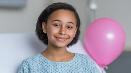 A young girl displays a warm smile while wearing a hospital gown, surrounded by a bright medical environment and a cheerful pink balloon.の素材