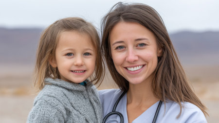 A caring healthcare provider poses with a young child outdoors, capturing a heartfelt moment of connection, happiness, and the spirit of compassion in healthcare.の素材