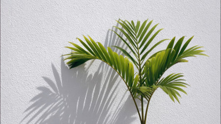 A vibrant green tropical plant casts intricate shadows on a textured white wall, creating a soothing and stylish ambiance perfect for modern decor.の素材