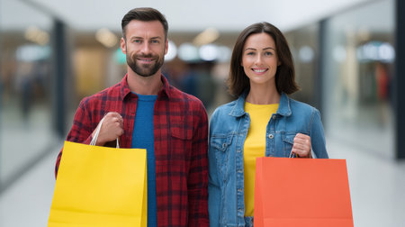 A cheerful couple stands together in a shopping mall, holding colorful bags while smiling broadly, representing joy and togetherness during their shopping experience.の素材