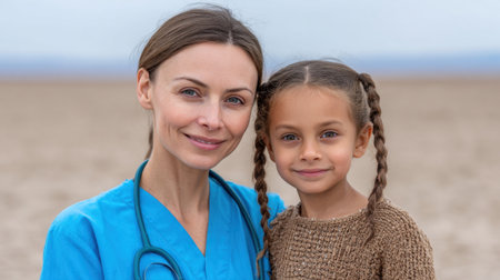 A compassionate doctor gently poses with a young girl in a desert landscape, highlighting the importance of health awareness and nurturing relationships.の素材