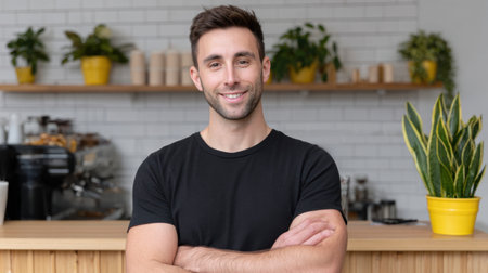A friendly young man stands confidently with arms crossed in a stylish cafe, featuring bright indoor plants and a warm atmosphere. Perfect for lifestyle themes.の素材