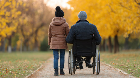 A caregiver walks alongside a person in a wheelchair on a picturesque autumn day, surrounded by vibrant golden foliage, symbolizing companionship and support.の素材