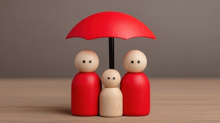 This artistic arrangement showcases three wooden figures under a vibrant red umbrella, symbolizing protection and togetherness in a minimalist setting.の素材