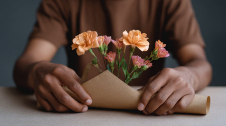 A close-up view of hands carefully holding wrapped flowers in warm peach and pink tones, perfect for decoration or thoughtful gifting in a cozy setting.の素材