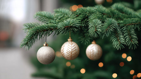 This image showcases a beautifully adorned Christmas tree branch, featuring golden ornaments and a soft, blurred background of twinkling holiday lights, evoking festive joy.の素材