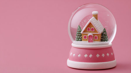 This delightful Christmas snow globe showcases an adorable house surrounded by evergreen trees, set against a soft pink backdrop. Perfect for office or home decor during the festive season, it captures the essence of holiday charm and warmth.の素材