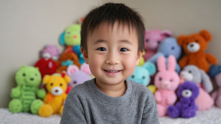 A joyful young boy is smiling brightly in front of a backdrop of colorful stuffed animals, creating a vibrant and playful indoor atmosphere.の素材