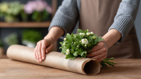 A serene moment in a craft workshop where hands carefully wrap a fresh flower bouquet with brown paper, showcasing artistry and attention to detail.の素材
