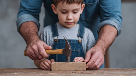 A young child engages in woodworking with an adult, using a hammer and wooden block. This image captures the joy of hands-on learning and skilled craftsmanship.の素材