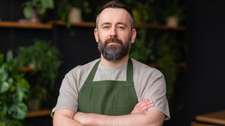 A confident man in an apron stands with arms crossed in a modern kitchen, showcasing a passion for cooking and a love for indoor plants.の素材
