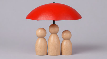 A creative representation of three wooden figures standing under a large red umbrella, symbolizing protection, togetherness, and support in a minimalist design.の素材