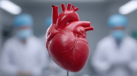 This image features a detailed anatomical model of a human heart displayed in a medical environment, with healthcare professionals in the background.の素材