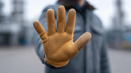 A close-up of a hand wearing a work glove held up to signal a halt in an industrial setting, emphasizing safety and precaution in the workplace.の素材