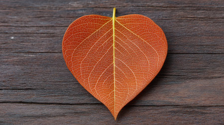 A close-up image of a heart-shaped leaf displaying vibrant orange and yellow hues against a rustic wooden background, ideal for autumnal themes.の素材