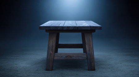 A rustic wooden table stands alone in a dimly lit space, highlighting its fine textures and rich grain under dramatic lighting, creating an artistic ambiance.の素材