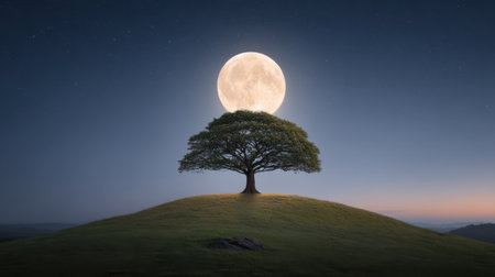 This stunning image captures a solitary tree against the backdrop of a bright full moon, illuminating a serene landscape at nighttime, inviting tranquility.の素材