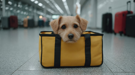 A small dog peeks out from a yellow pet carrier inside an airport terminal, surrounded by travel luggage, capturing the essence of pet travel.の素材