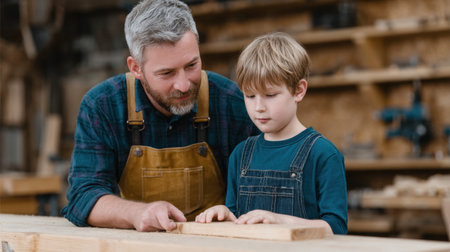 A caring adult and child engage in woodworking together in a workshop, fostering learning, creativity, and quality time while exploring skills and craftsmanship.の素材