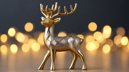This stunning golden deer figurine captures the essence of elegance and charm. With its shimmering texture and soft bokeh background, it adds a warm and festive touch to any decor. Perfect for holiday displays or as a unique gift option.の素材