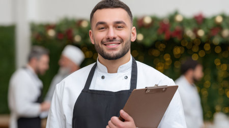 A cheerful chef holding a clipboard smiles warmly in a festive kitchen setting, surrounded by blurred colleagues preparing for the holiday season.の素材