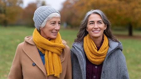 Two women share a heartwarming moment as they stroll through a colorful autumn park, wearing warm sweaters and cheerful scarves against a serene landscape.の素材