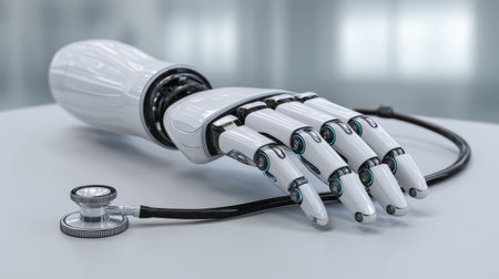 A sleek robotic hand features a stethoscope, showcasing innovation in healthcare technology. This image captures the future of medical assistance and patient care.の素材