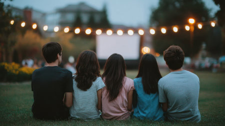 A group of friends sits together, watching a movie in a park under twinkling string lights. This image captures the essence of summer gatherings, joy, and companionship.の素材