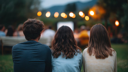 A cozy gathering of friends sits together, enjoying an outdoor movie night under softly glowing lights. The blurred background adds to the warm, relaxed atmosphere.の素材