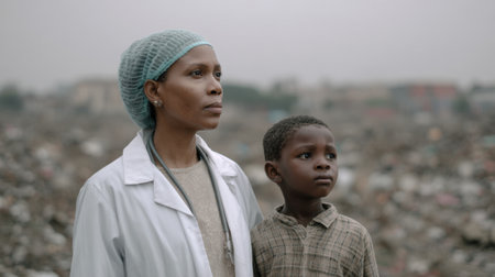 A poignant image depicting a woman and a child standing in a vast urban waste landscape, symbolizing hope, resilience, and the ongoing struggle for a better future amid environmental challenges.の素材