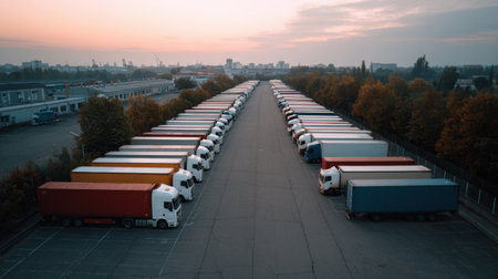 This aerial image captures an extensive parking lot filled with freight trucks at dusk, highlighting a well-organized transport hub in an urban environment.の素材