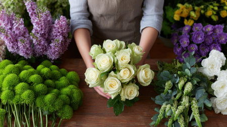 This captivating floral scene features a bouquet of white roses held in hands, surrounded by an array of colorful flowers and lush green foliage on a rustic wooden table, perfect for inspiration.の素材