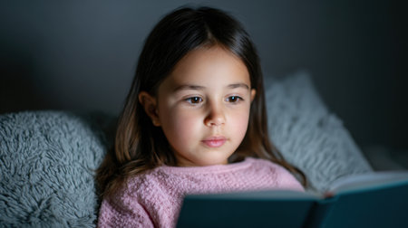 A young girl sits comfortably in a softly lit room, deeply engaged in reading a book, showcasing expression, focus, and the joy of learning in a cozy atmosphere.の素材