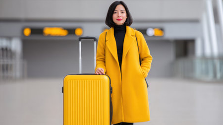 A stylish young woman in a vibrant yellow coat stands confidently by her matching yellow suitcase at a modern airport terminal, exuding a sense of adventure and readiness for her journey ahead.の素材