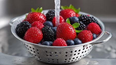 A beautiful arrangement of fresh strawberries, blueberries, and blackberries being rinsed in a stainless steel colander. This vibrant image captures the essence of healthy eating and freshness, perfect for food-related projects.の素材