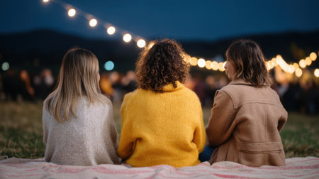 Three women sit together on a blanket, enjoying a cozy evening under glowing string lights. Their warm sweaters highlight the relaxed atmosphere of friendship and togetherness in a beautiful outdoor setting.の素材