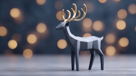Beautifully crafted paper deer sculpture features elegant golden antlers, placed against a warm, blurred bokeh background, perfect for festive decor.の素材