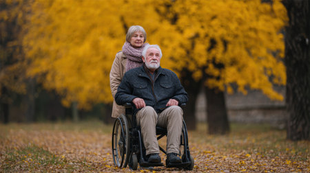 This heartwarming image showcases an elderly couple in a wheelchair amidst vibrant autumn scenery, surrounded by golden leaves and a serene atmosphere.の素材