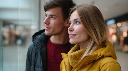 A young couple stands side by side, looking out of a store window in a shopping center. They appear joyful and relaxed, showcasing modern fashion and connection.の素材